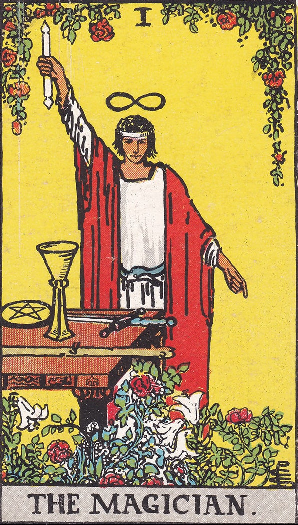 Rider-Waite Tarot card "The Magician", lifting a wand to the sky with his right hand and pointing to the earth with his left hand